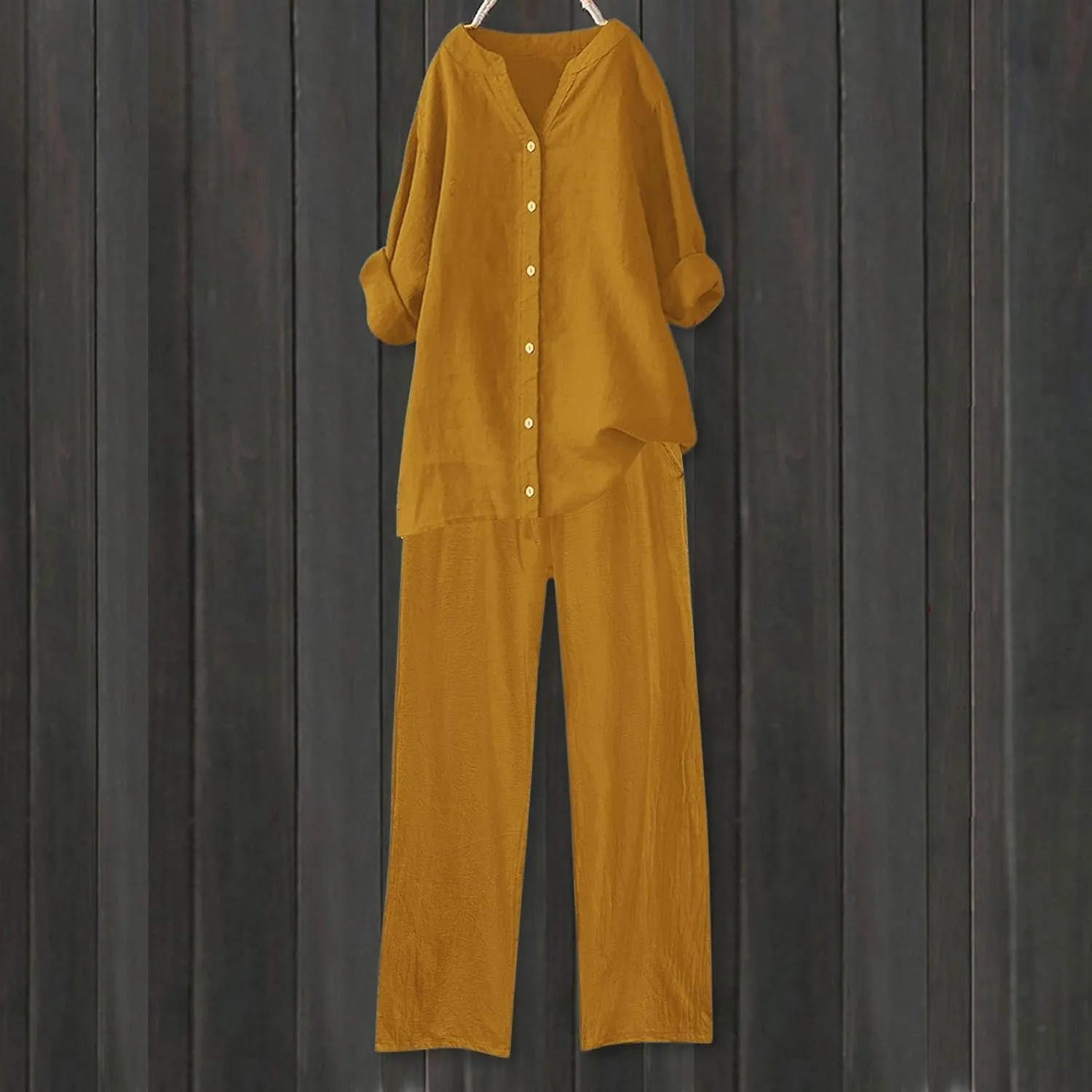 Womens Cotton Linen 2 Piece Outfits Oversize Button Down Shirt & Loose Straight-Leg Pant Daily Casual Loungewear Sets