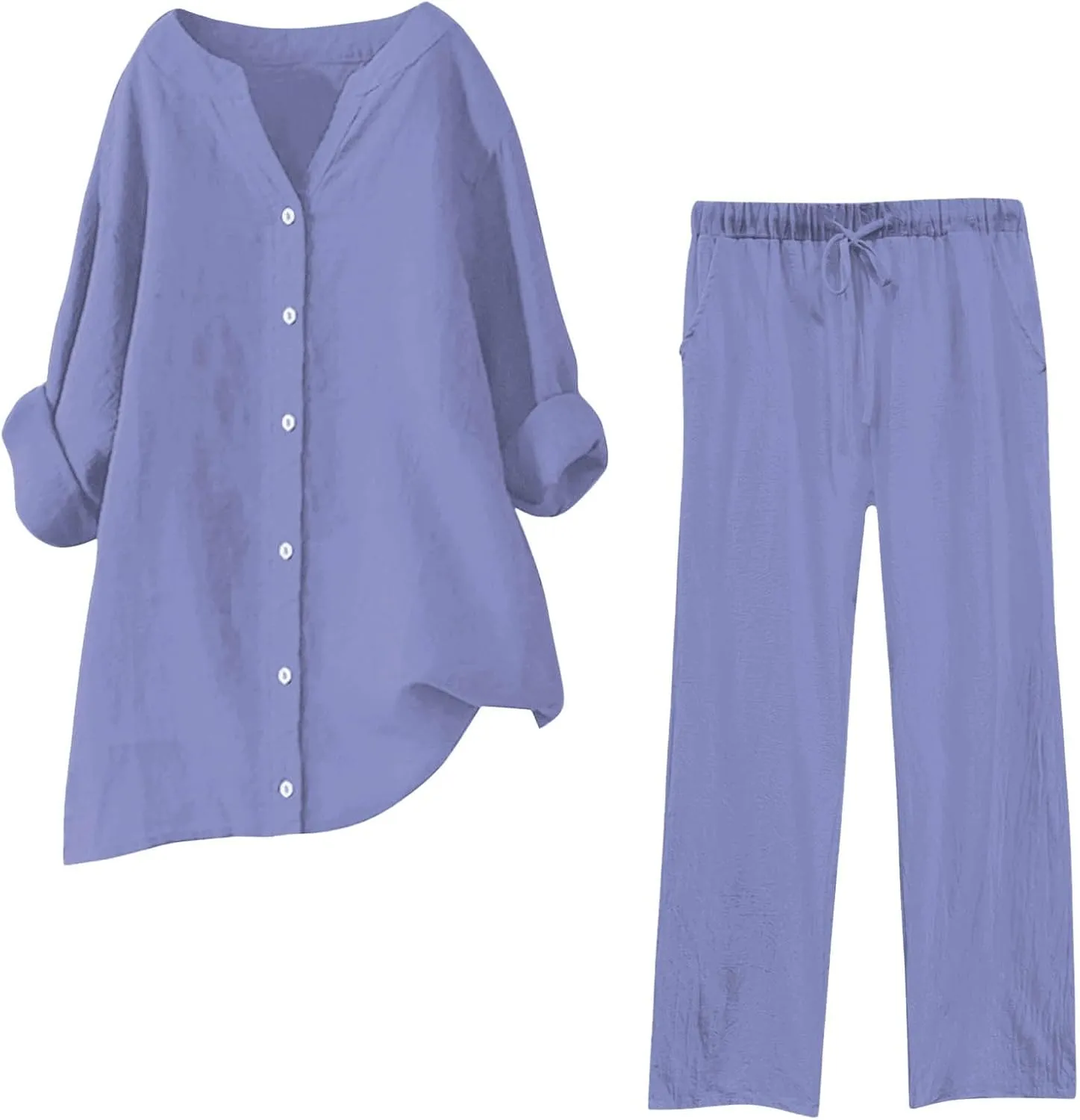 Womens Cotton Linen 2 Piece Outfits Oversize Button Down Shirt & Loose Straight-Leg Pant Daily Casual Loungewear Sets