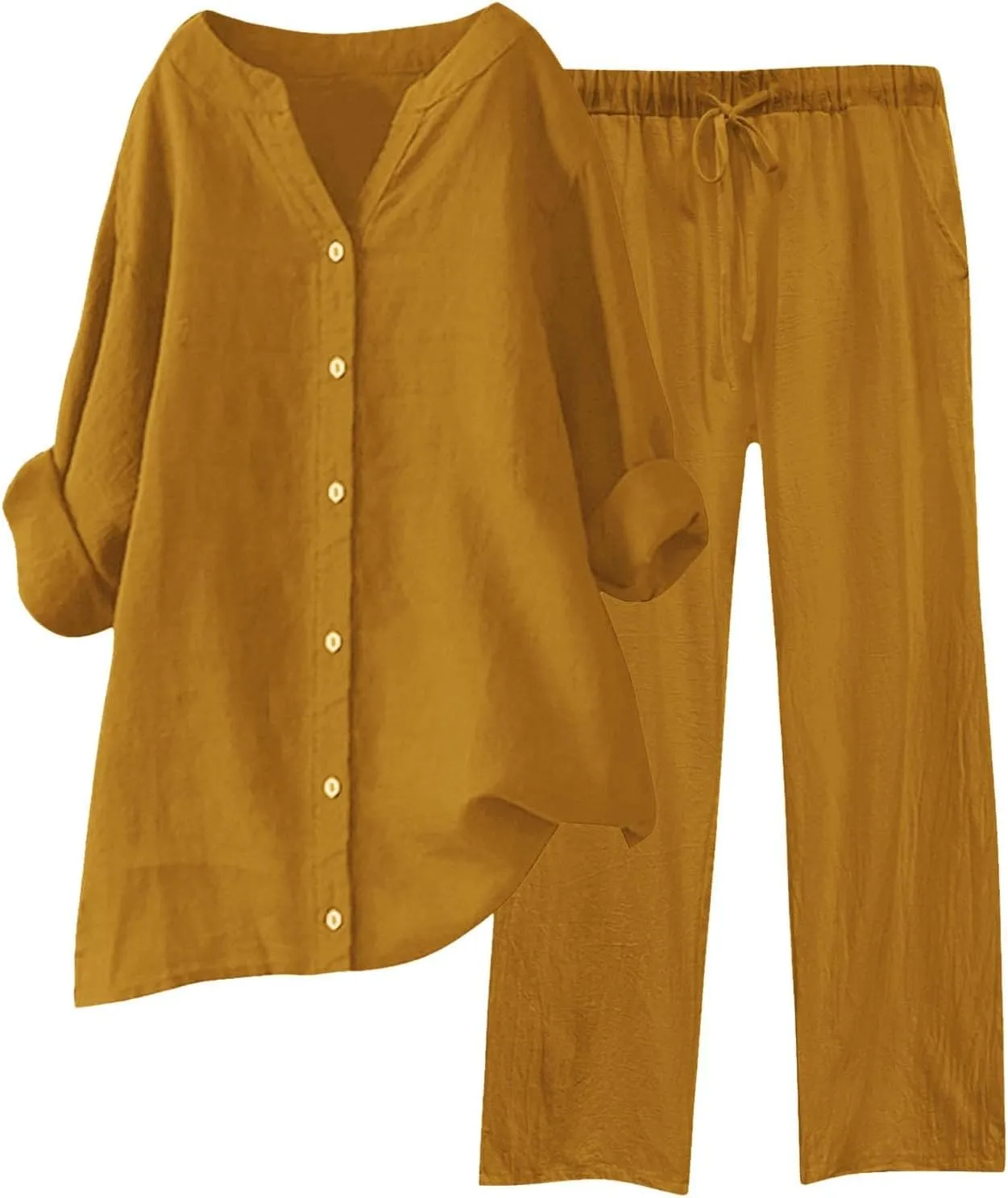 Womens Cotton Linen 2 Piece Outfits Oversize Button Down Shirt & Loose Straight-Leg Pant Daily Casual Loungewear Sets