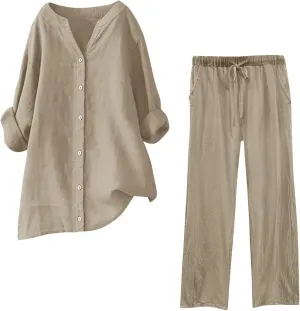Womens Cotton Linen 2 Piece Outfits Oversize Button Down Shirt & Loose Straight-Leg Pant Daily Casual Loungewear Sets