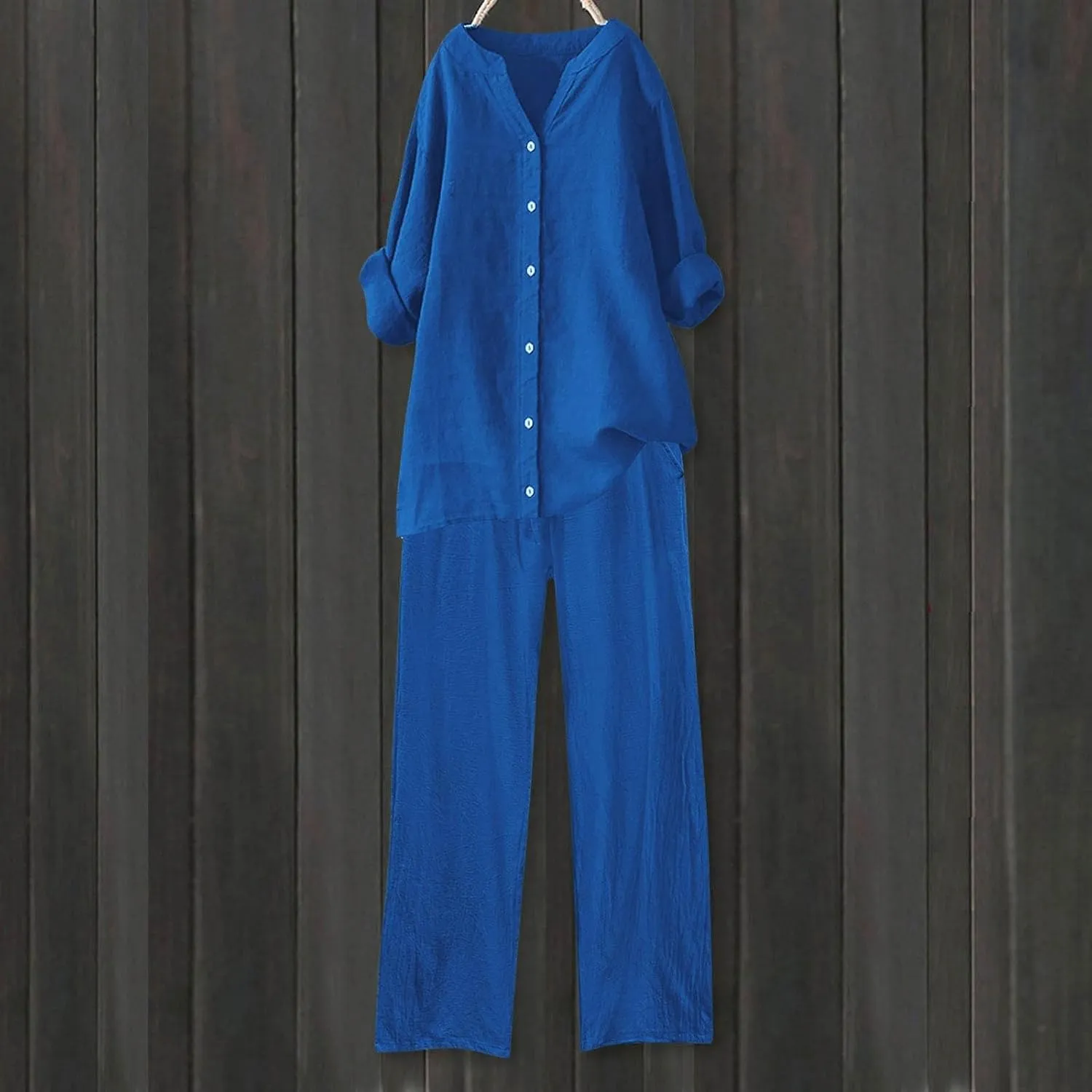 Womens Cotton Linen 2 Piece Outfits Oversize Button Down Shirt & Loose Straight-Leg Pant Daily Casual Loungewear Sets