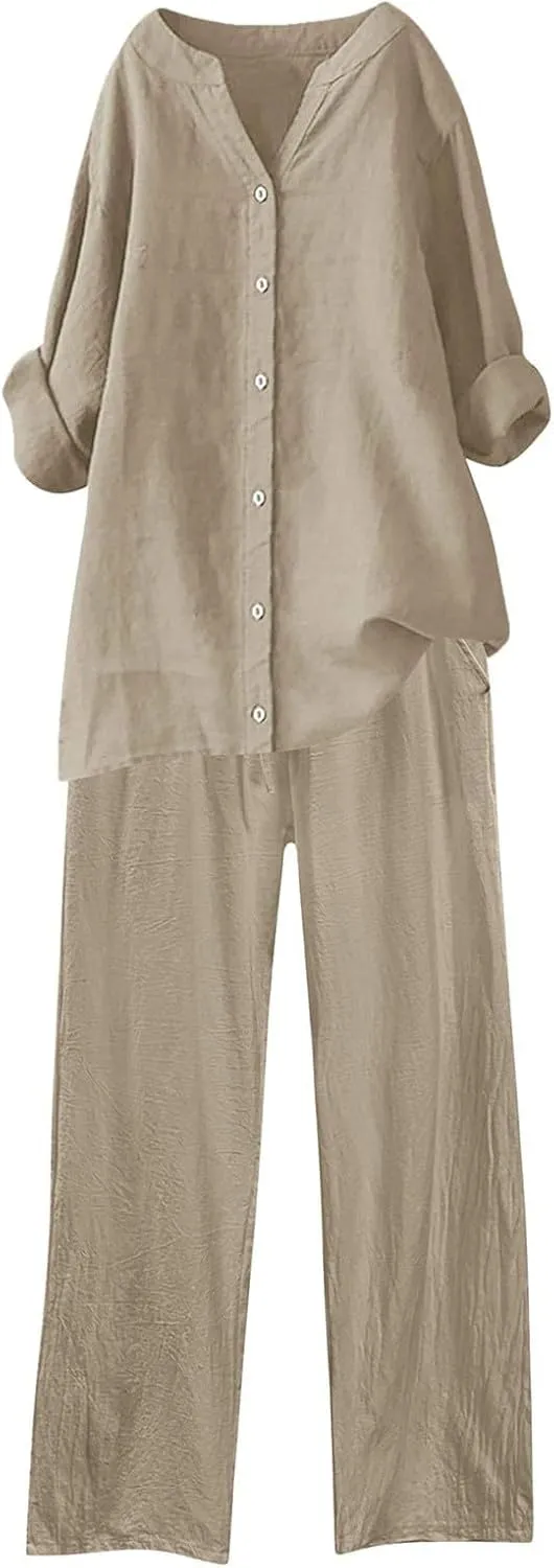 Womens Cotton Linen 2 Piece Outfits Oversize Button Down Shirt & Loose Straight-Leg Pant Daily Casual Loungewear Sets
