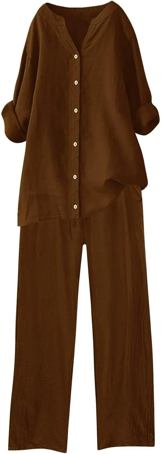 Womens Cotton Linen 2 Piece Outfits Oversize Button Down Shirt & Loose Straight-Leg Pant Daily Casual Loungewear Sets