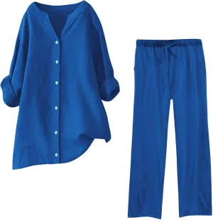 Womens Cotton Linen 2 Piece Outfits Oversize Button Down Shirt & Loose Straight-Leg Pant Daily Casual Loungewear Sets