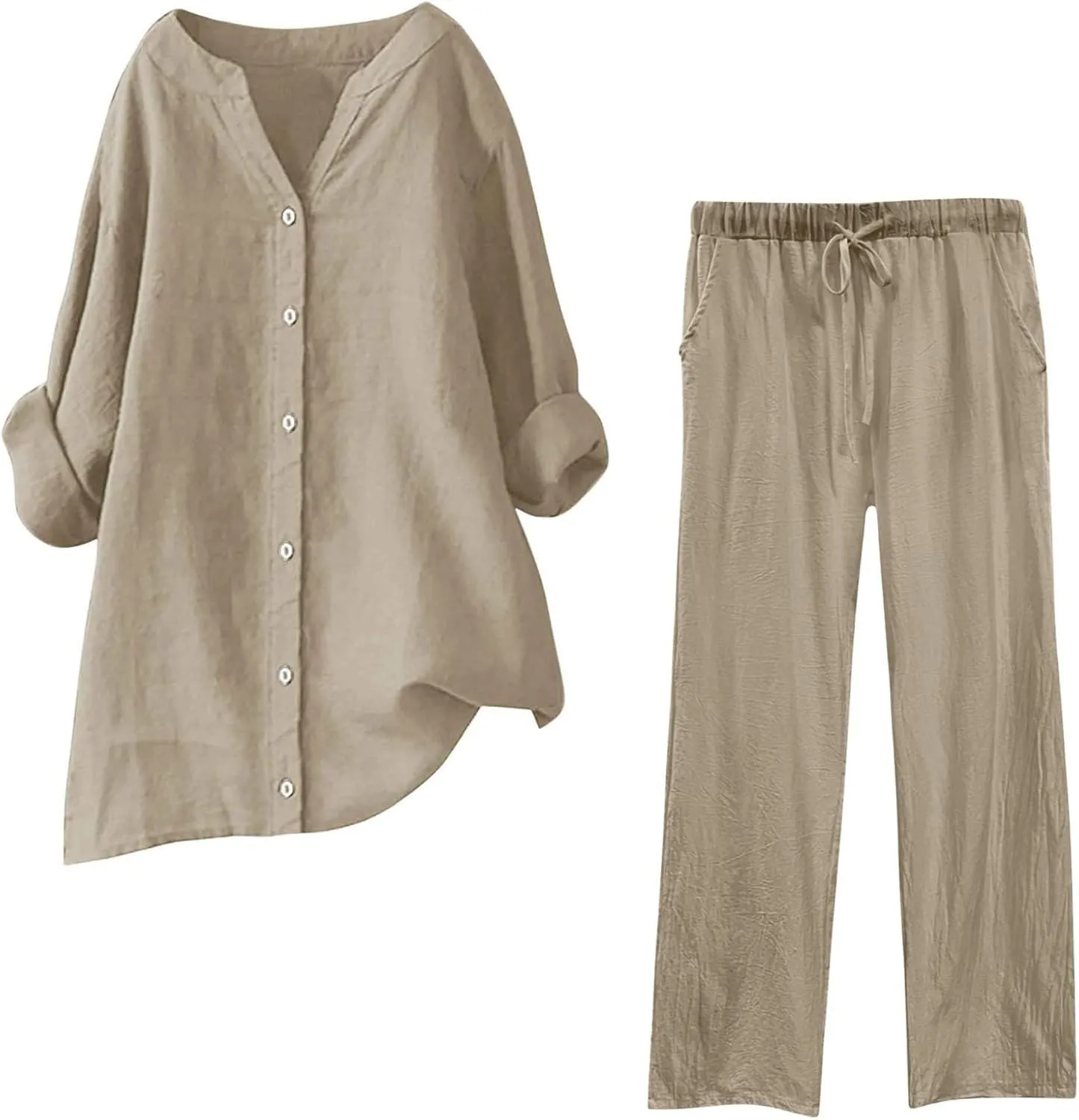 Womens Cotton Linen 2 Piece Outfits Oversize Button Down Shirt & Loose Straight-Leg Pant Daily Casual Loungewear Sets