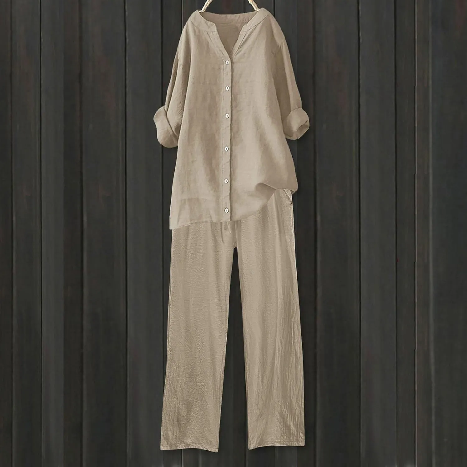 Womens Cotton Linen 2 Piece Outfits Oversize Button Down Shirt & Loose Straight-Leg Pant Daily Casual Loungewear Sets