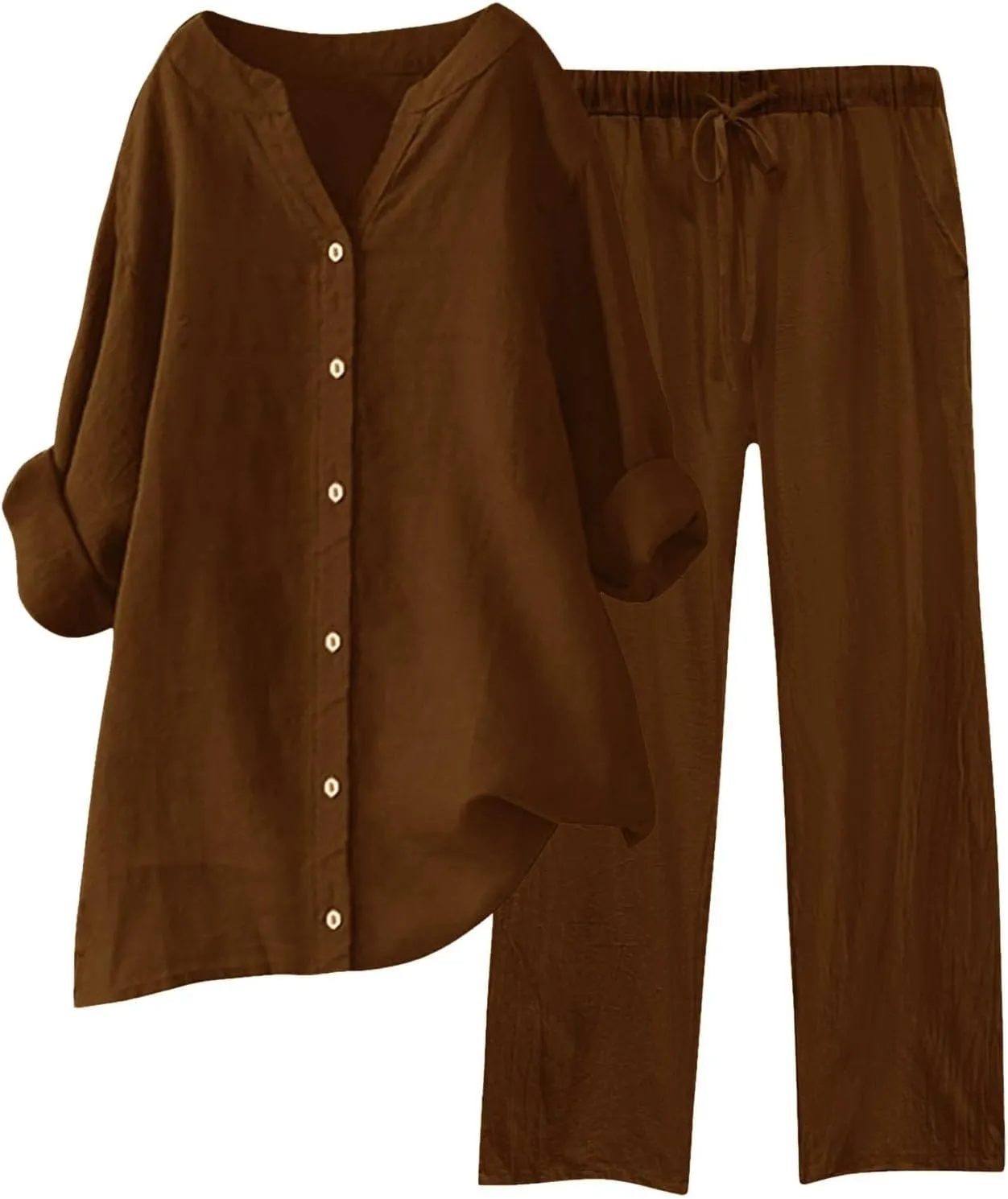Womens Cotton Linen 2 Piece Outfits Oversize Button Down Shirt & Loose Straight-Leg Pant Daily Casual Loungewear Sets