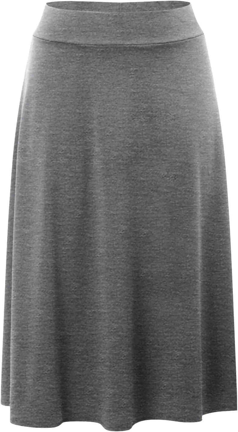 Womens Elastic Waist Midi Skirt Solid Pleated Flared Office Work Casual Fashion Trendy Slim Fit Comfy Long Skirts
