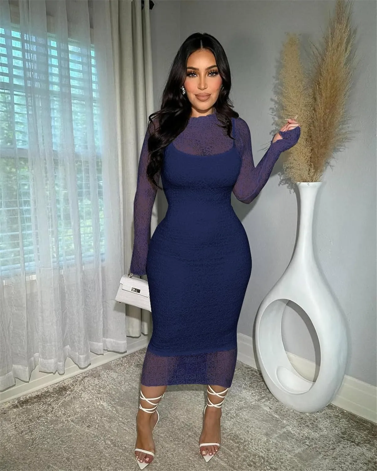 Women's Elegant Bodycon Midi Dress Lace Party Cocktail Wedding Guest Dress
