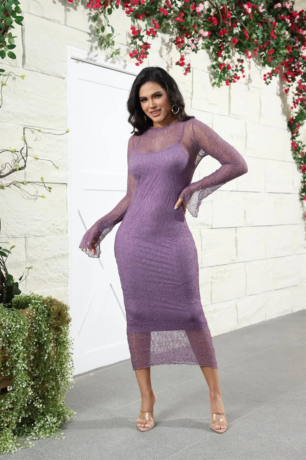 Women's Elegant Bodycon Midi Dress Lace Party Cocktail Wedding Guest Dress