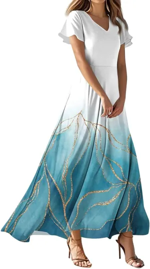Womens Fashion V Neck Ruffle Short Sleeve Maxi Dress 2025 Summer Elegant Solid Color Flowy A Line Dresses