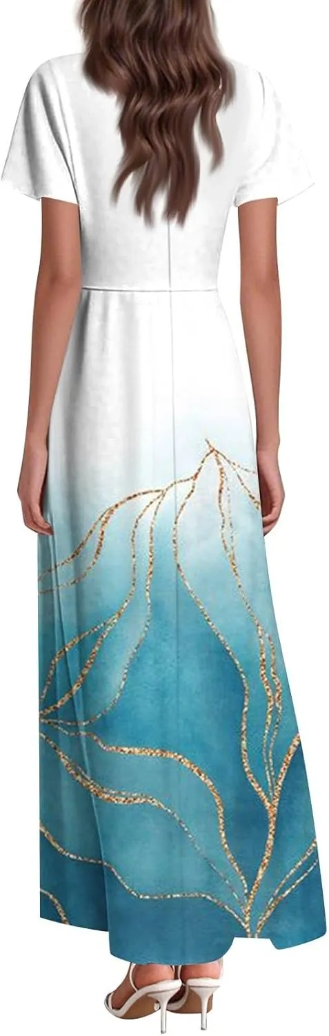 Womens Fashion V Neck Ruffle Short Sleeve Maxi Dress 2025 Summer Elegant Solid Color Flowy A Line Dresses