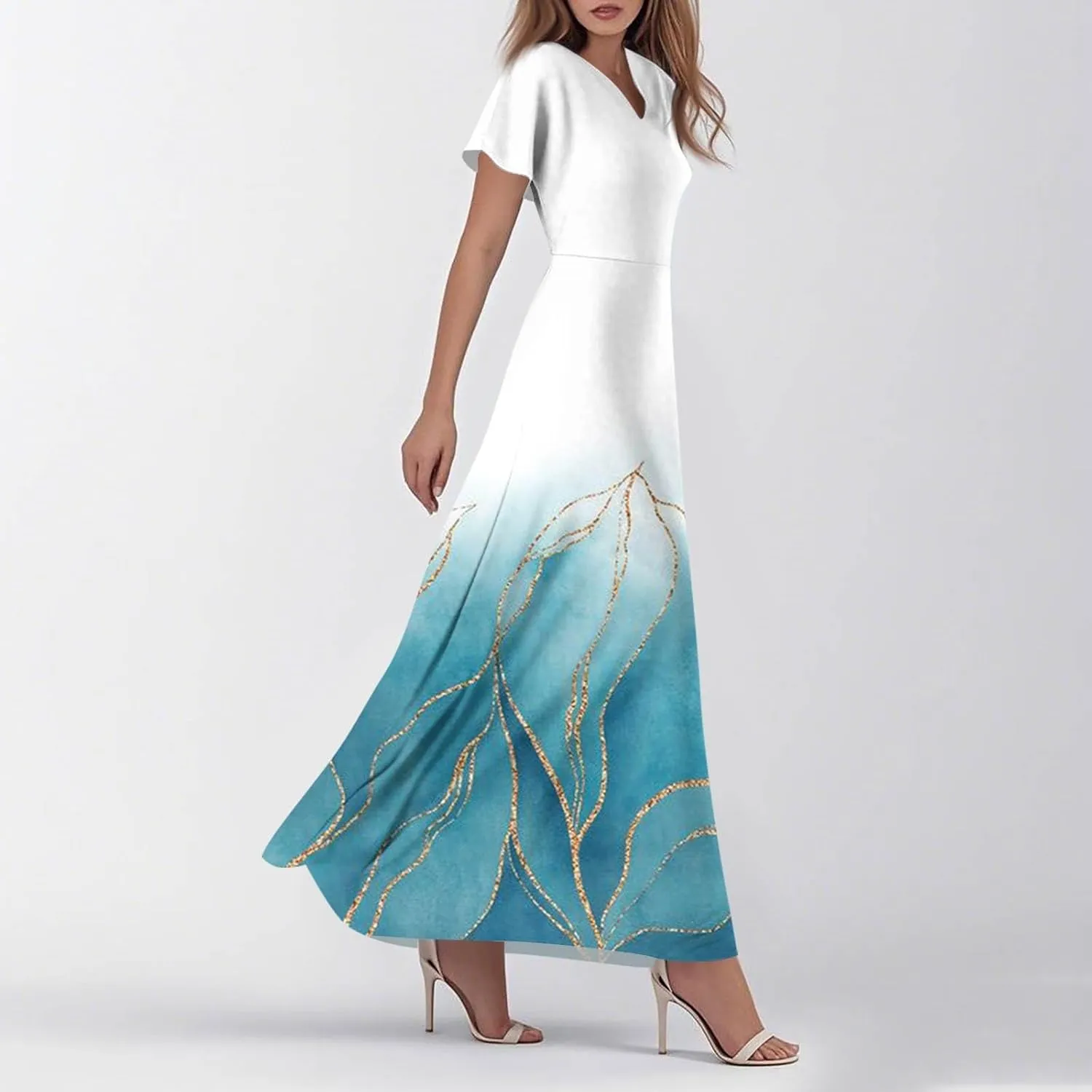 Womens Fashion V Neck Ruffle Short Sleeve Maxi Dress 2025 Summer Elegant Solid Color Flowy A Line Dresses