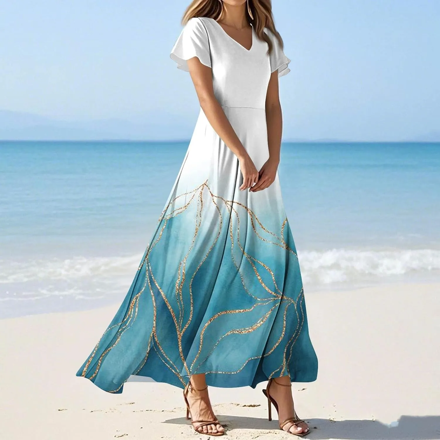 Womens Fashion V Neck Ruffle Short Sleeve Maxi Dress 2025 Summer Elegant Solid Color Flowy A Line Dresses