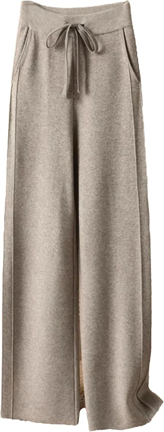 Women's High Waist Wide-Leg Pants Winter Loose Straight Knit Wool Pants Grandma Mop Trousers