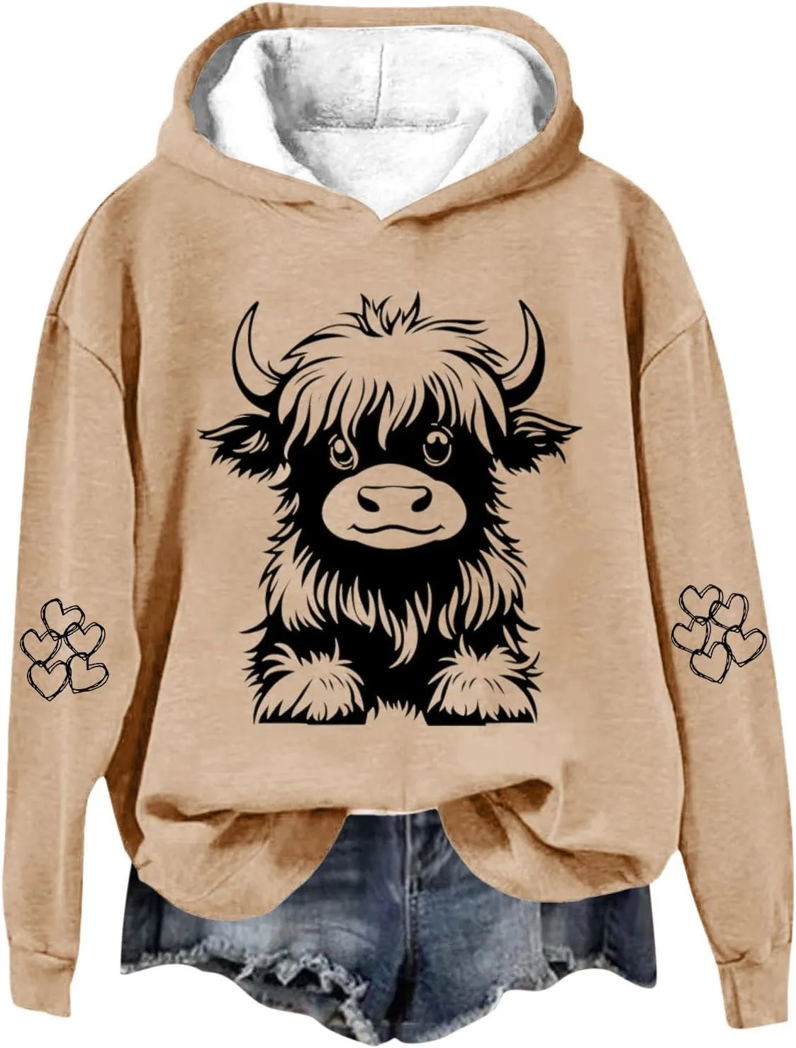 Women's Hoodies Cute Cow Graphic Heart Print Long Sleeve Hooded Pullover Warm Fleece Lined Sweatshirts