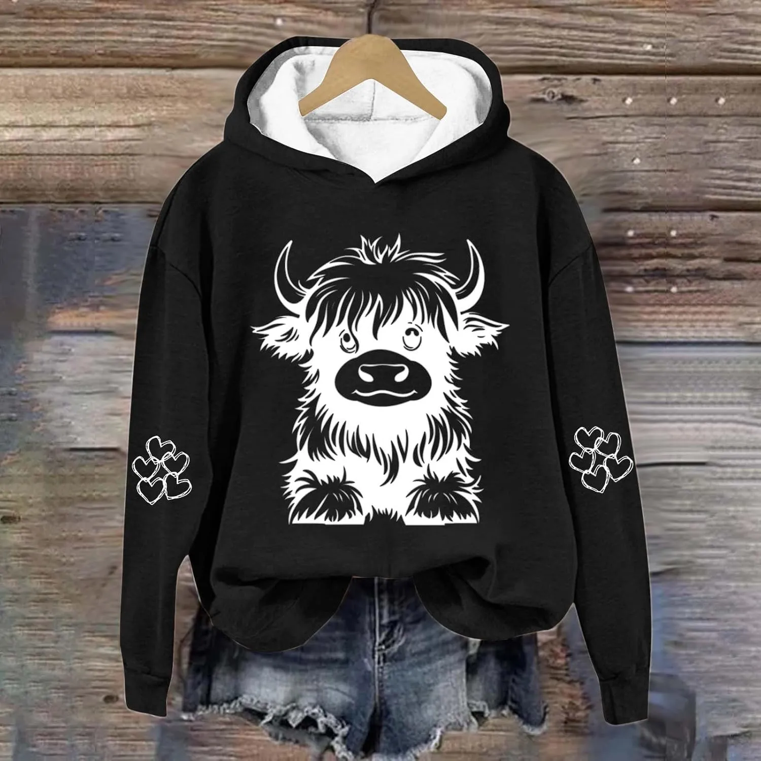 Women's Hoodies Cute Cow Graphic Heart Print Long Sleeve Hooded Pullover Warm Fleece Lined Sweatshirts