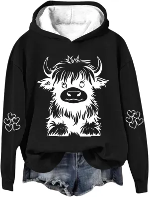 Women's Hoodies Cute Cow Graphic Heart Print Long Sleeve Hooded Pullover Warm Fleece Lined Sweatshirts