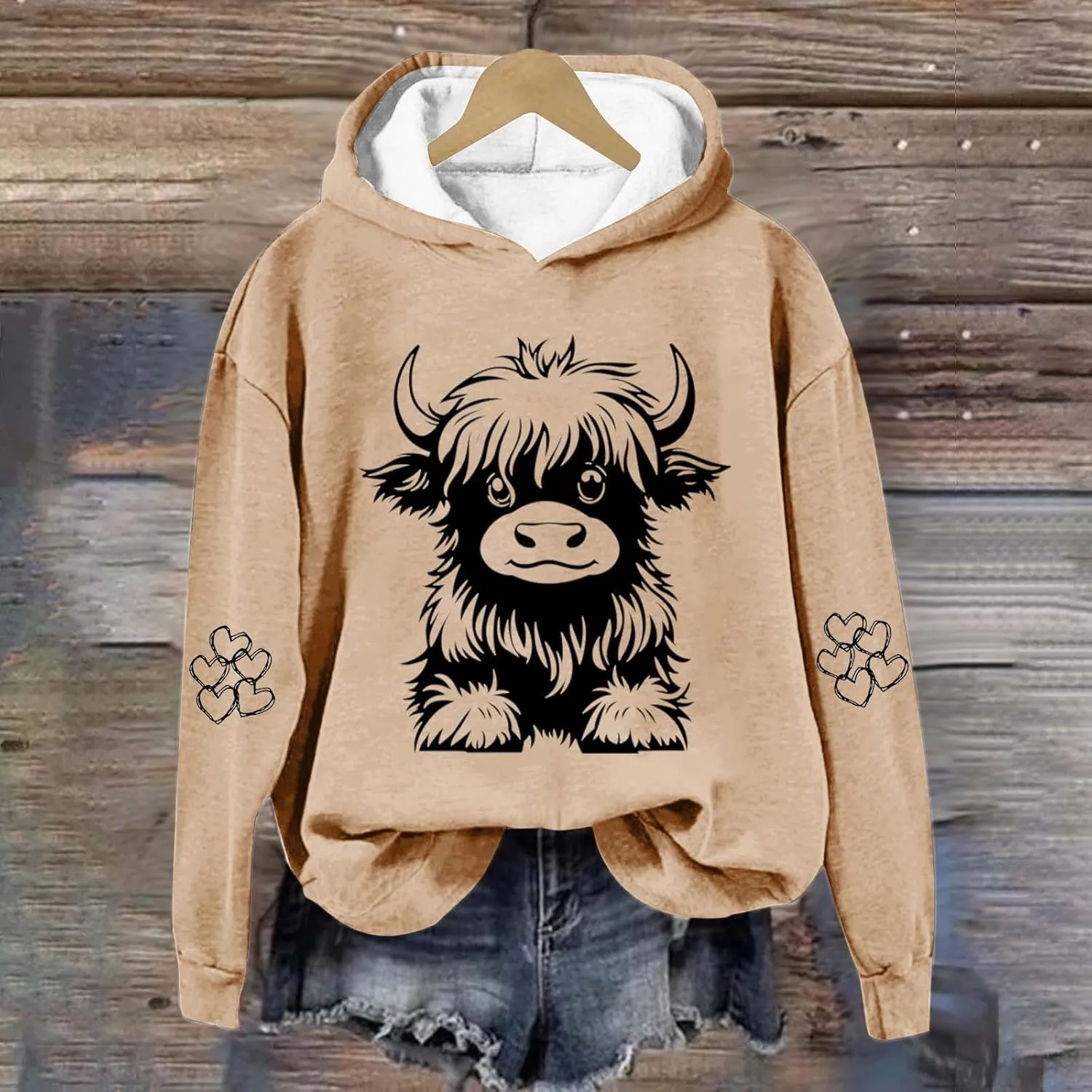Women's Hoodies Cute Cow Graphic Heart Print Long Sleeve Hooded Pullover Warm Fleece Lined Sweatshirts