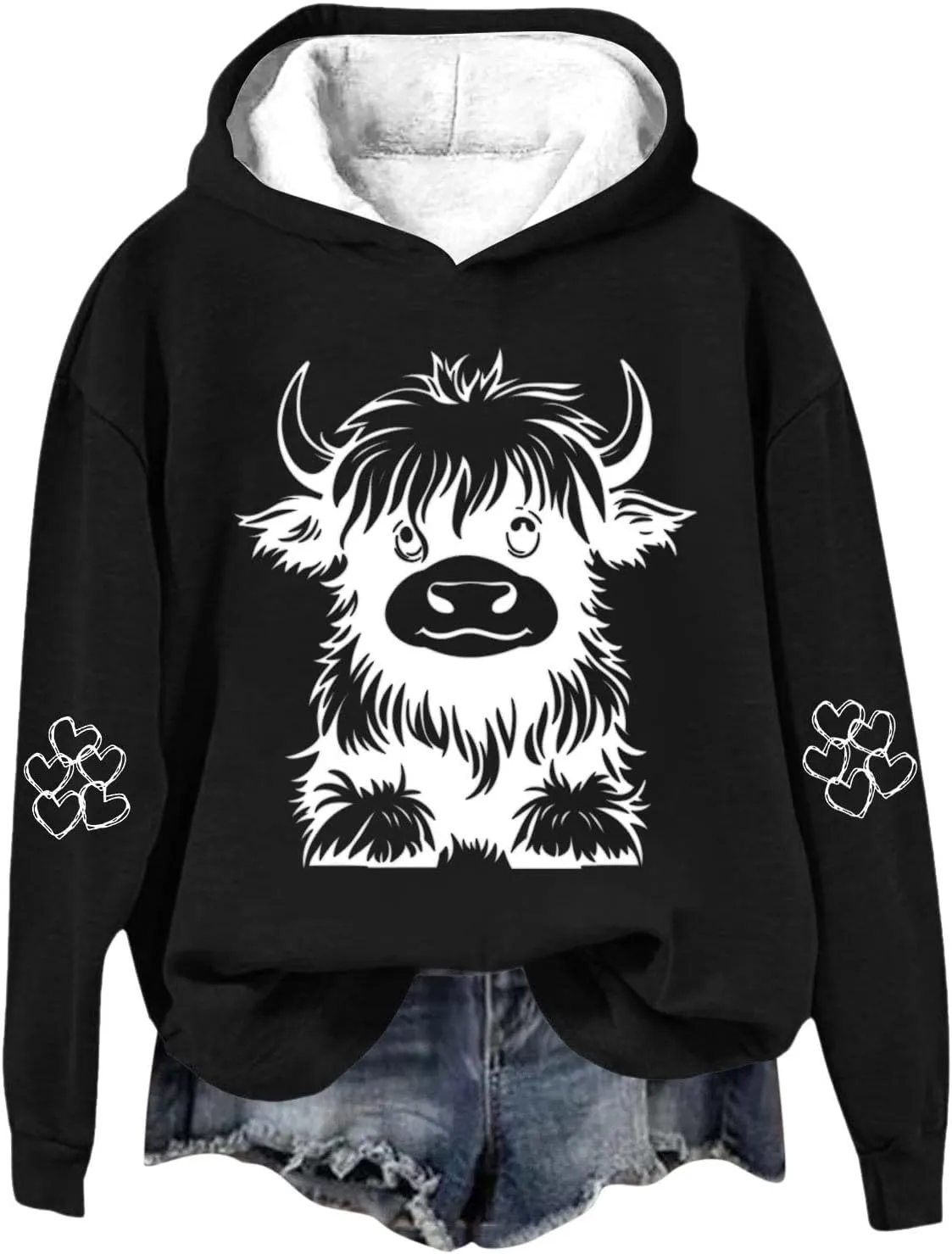 Women's Hoodies Cute Cow Graphic Heart Print Long Sleeve Hooded Pullover Warm Fleece Lined Sweatshirts