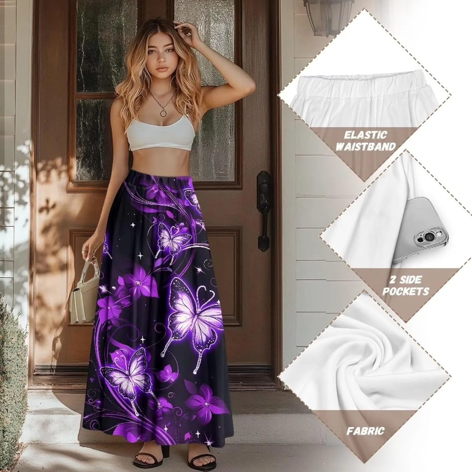 Women's Maxi Skirts Pleated High Waisted Casual Long Skirts Flowy Party Holiday Skirts with Pockets