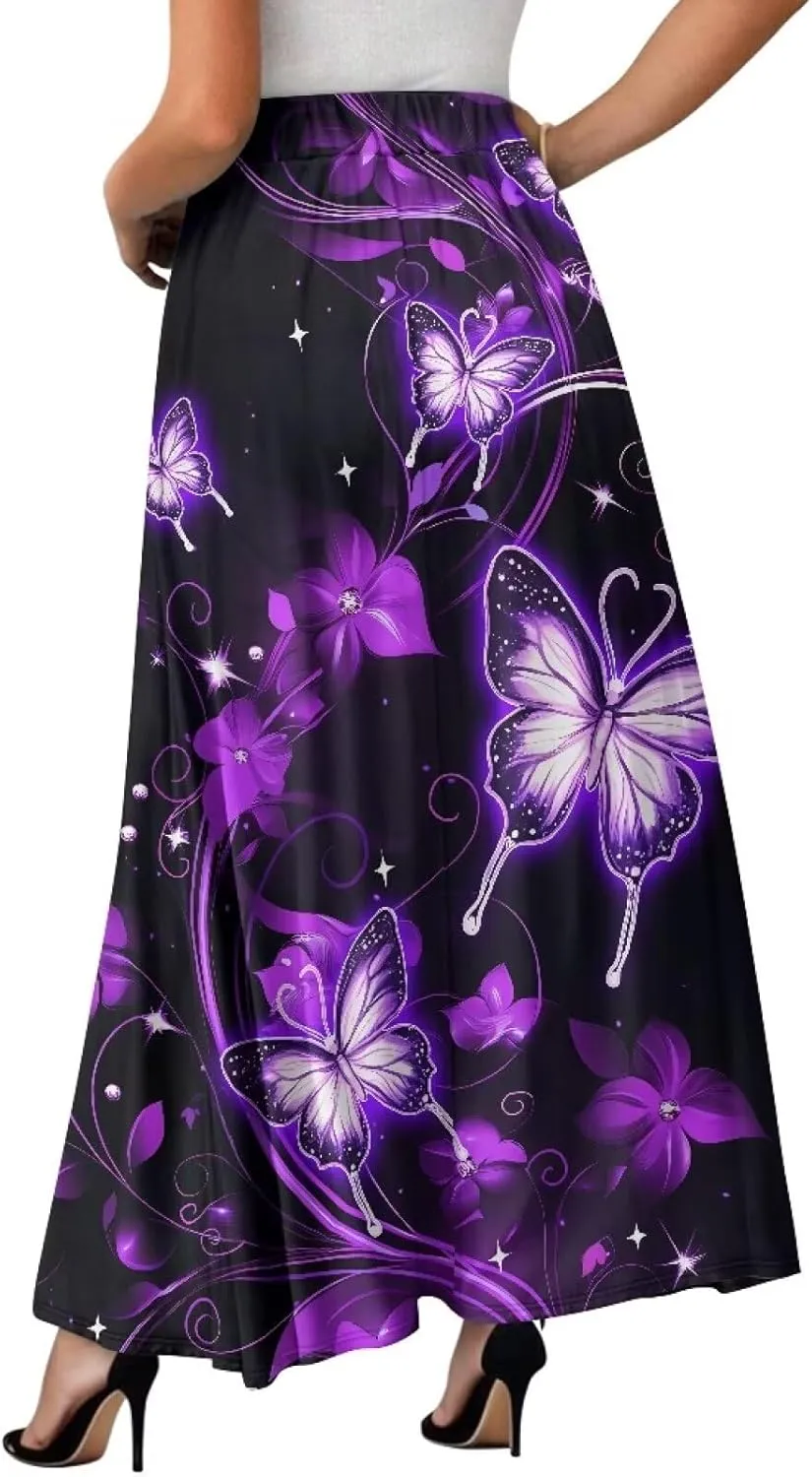 Women's Maxi Skirts Pleated High Waisted Casual Long Skirts Flowy Party Holiday Skirts with Pockets
