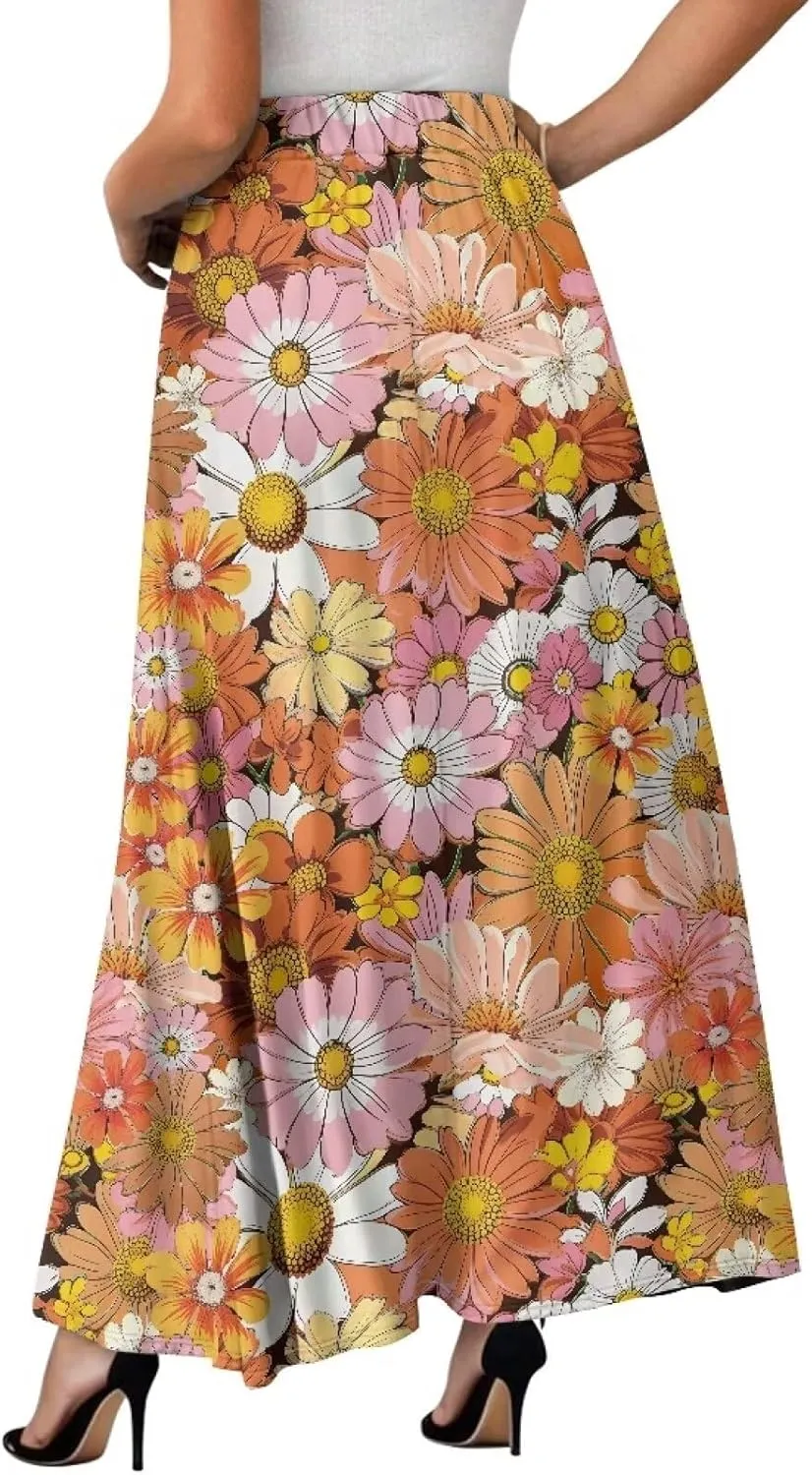 Women's Maxi Skirts Pleated High Waisted Casual Long Skirts Flowy Party Holiday Skirts with Pockets
