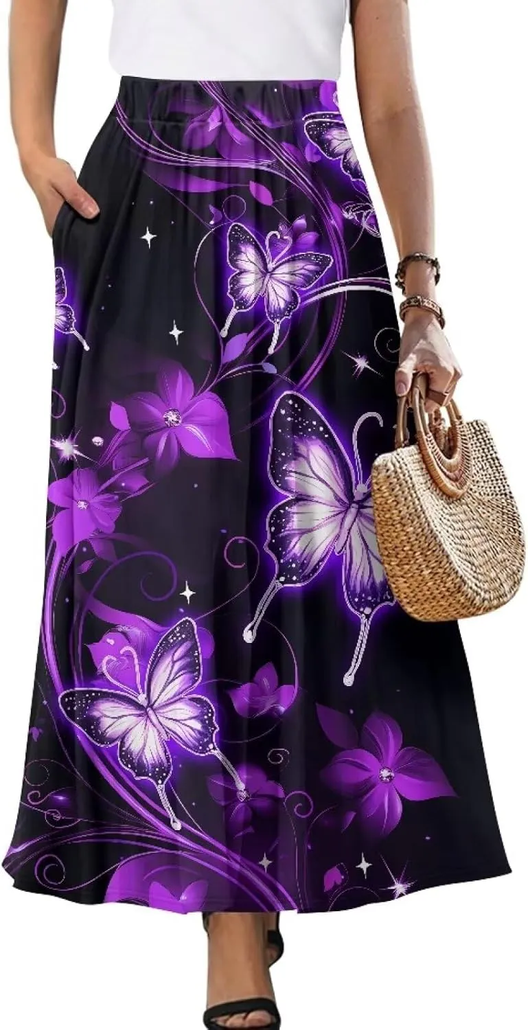 Women's Maxi Skirts Pleated High Waisted Casual Long Skirts Flowy Party Holiday Skirts with Pockets