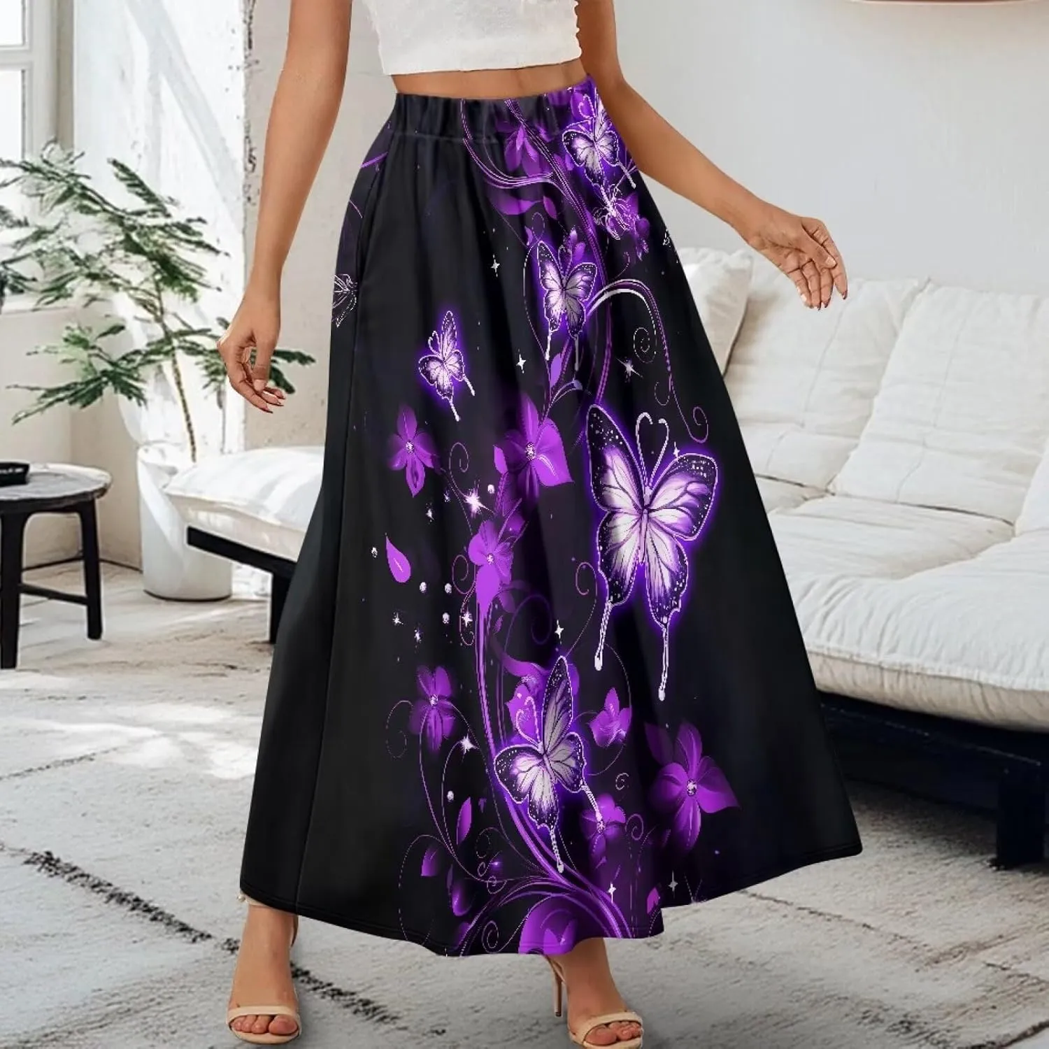 Women's Maxi Skirts Pleated High Waisted Casual Long Skirts Flowy Party Holiday Skirts with Pockets