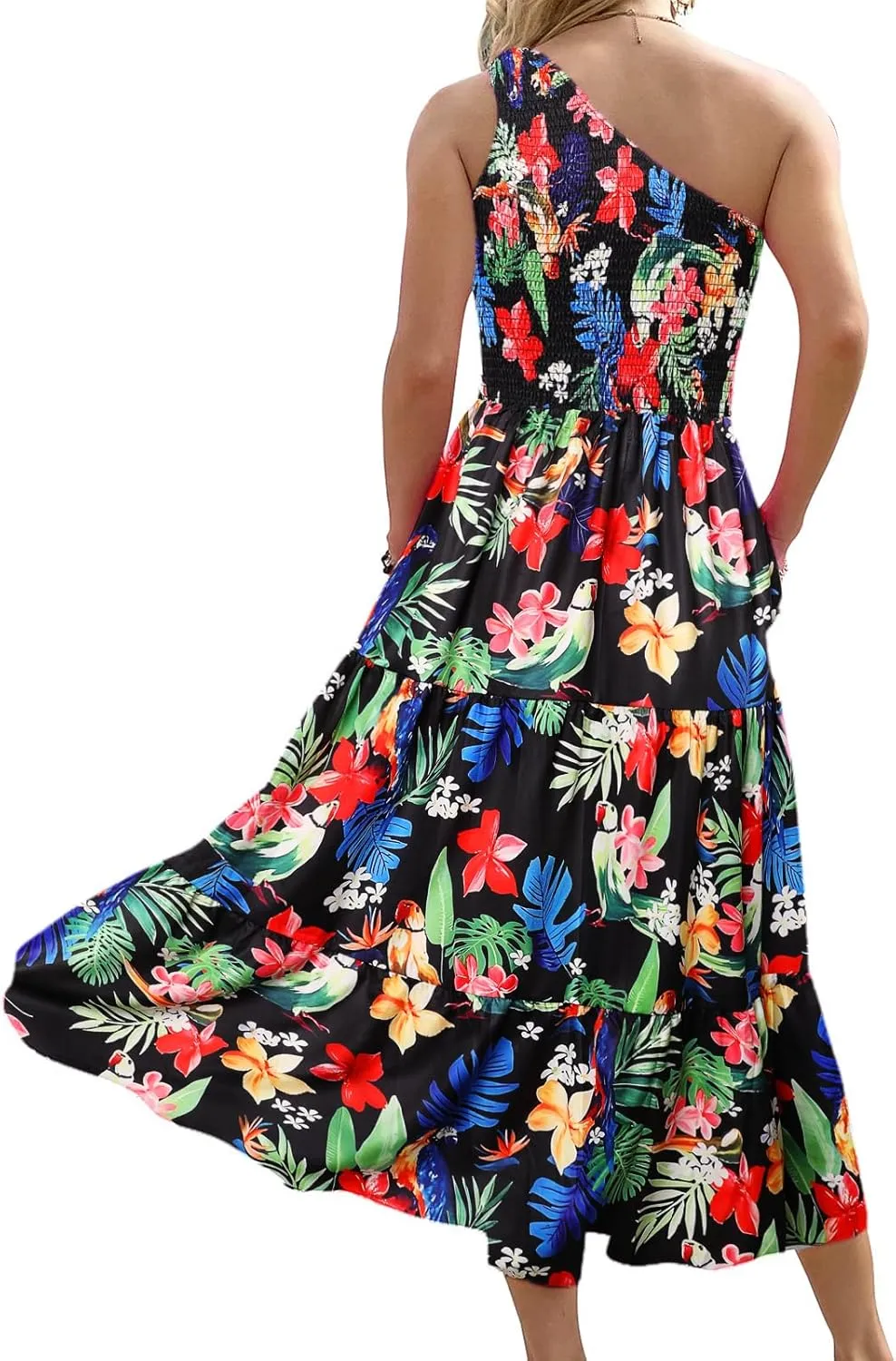 Women's One Shoulder Summer Casual Dresses Beach Vacation Travel Boho Sleeveless Smocked Maxi Long Dress