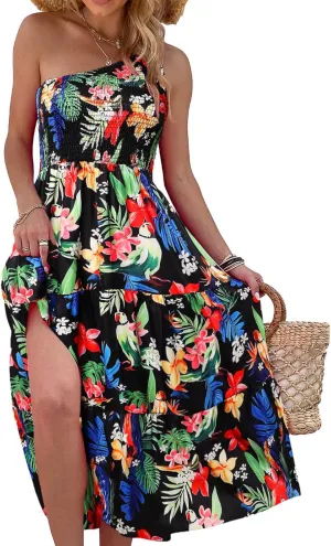 Women's One Shoulder Summer Casual Dresses Beach Vacation Travel Boho Sleeveless Smocked Maxi Long Dress