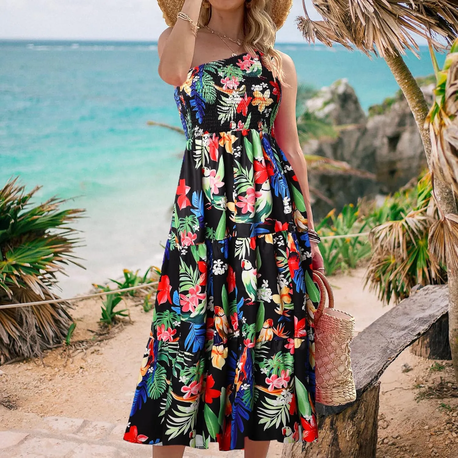 Women's One Shoulder Summer Casual Dresses Beach Vacation Travel Boho Sleeveless Smocked Maxi Long Dress