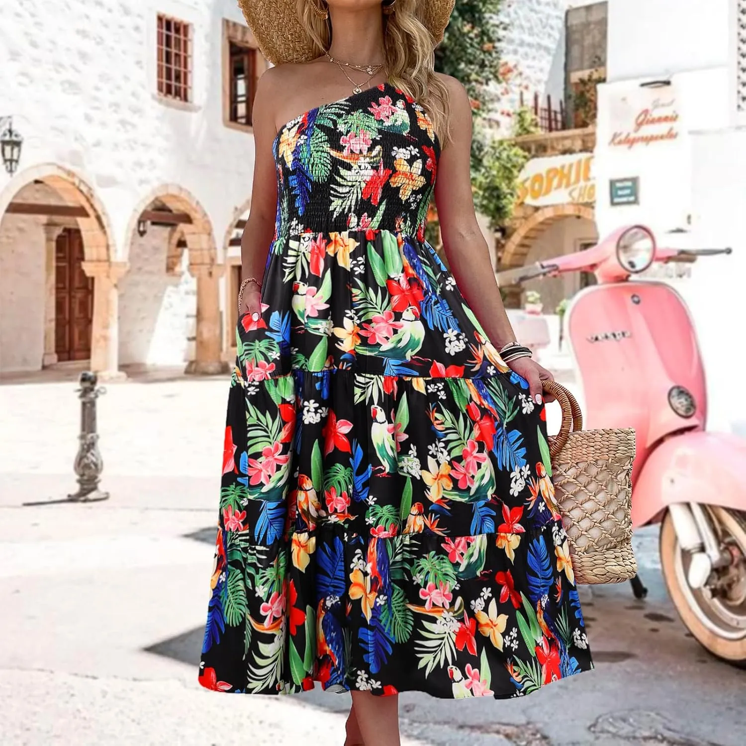 Women's One Shoulder Summer Casual Dresses Beach Vacation Travel Boho Sleeveless Smocked Maxi Long Dress