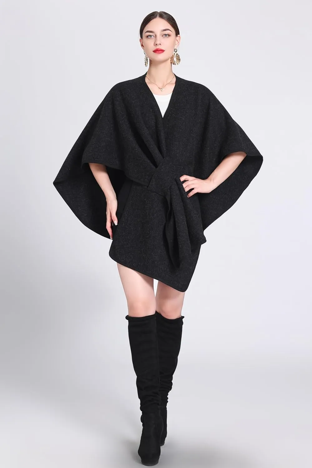 Women's Open Front Cardigan Shawls Elegant Solid Color Poncho Ruana Cape Plus Size Knit Wraps for Fall Winter