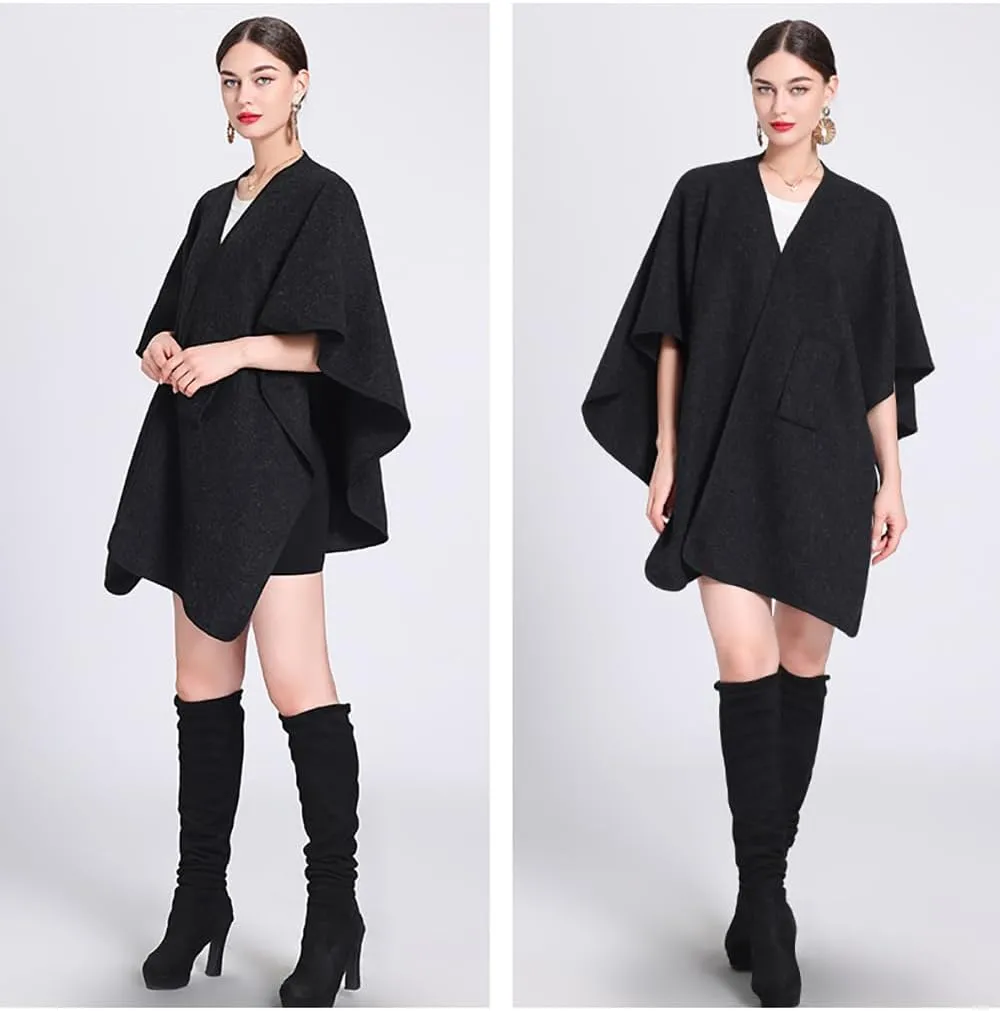 Women's Open Front Cardigan Shawls Elegant Solid Color Poncho Ruana Cape Plus Size Knit Wraps for Fall Winter