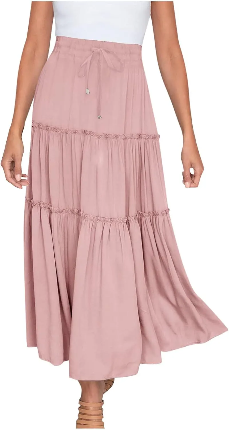 Women's Pleated Midi Skirts 2024 Casual Beach Boho Layered Flowy High Waist A-Line Ruched Swing Long Maxi Skirts