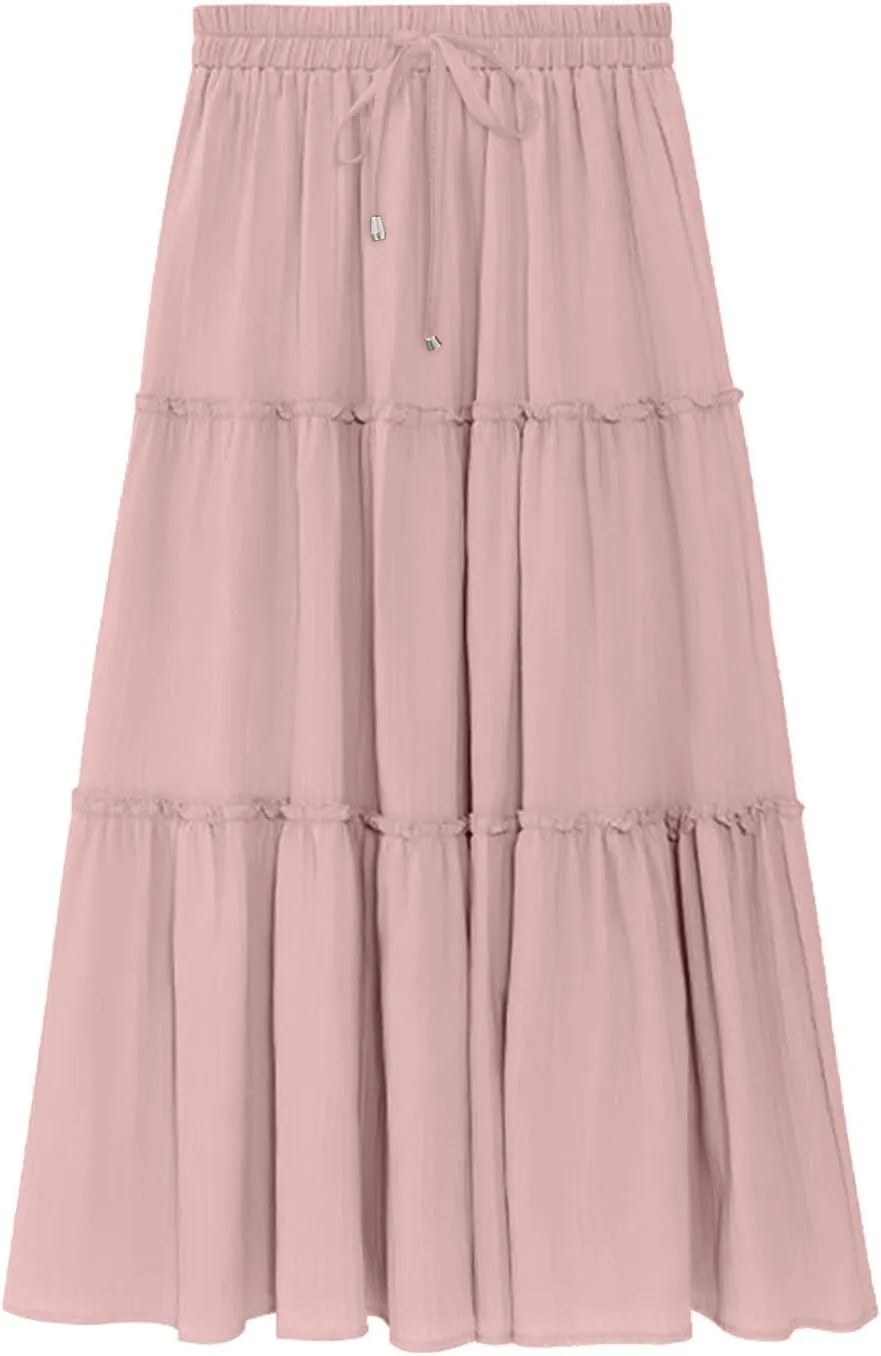 Women's Pleated Midi Skirts 2024 Casual Beach Boho Layered Flowy High Waist A-Line Ruched Swing Long Maxi Skirts