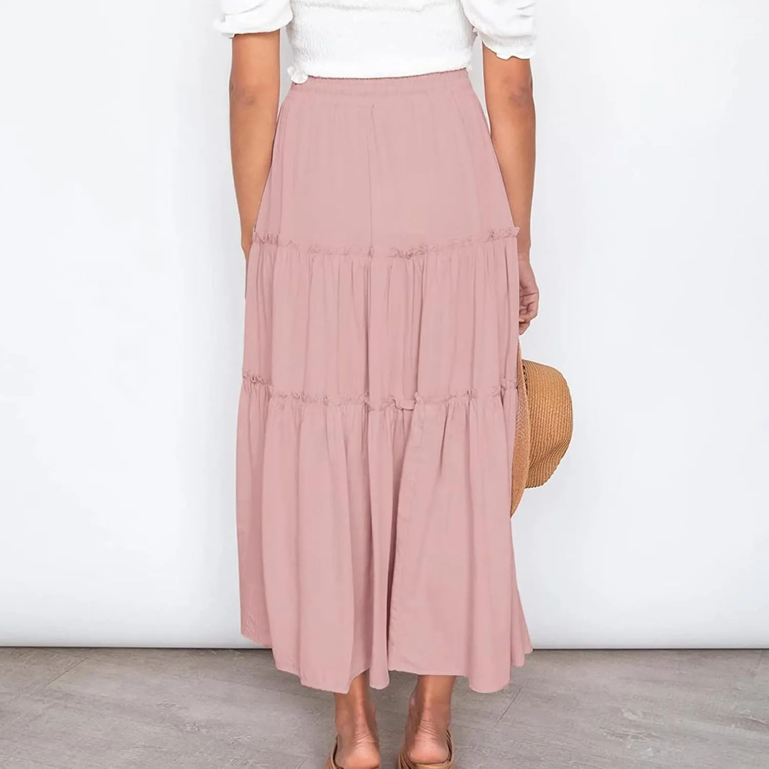 Women's Pleated Midi Skirts 2024 Casual Beach Boho Layered Flowy High Waist A-Line Ruched Swing Long Maxi Skirts