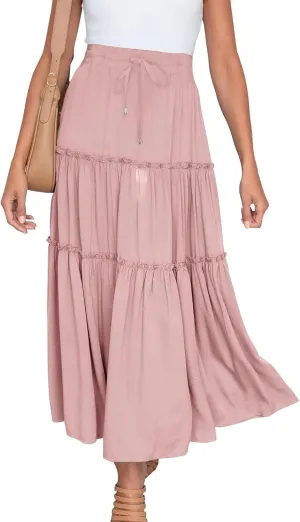 Women's Pleated Midi Skirts 2024 Casual Beach Boho Layered Flowy High Waist A-Line Ruched Swing Long Maxi Skirts