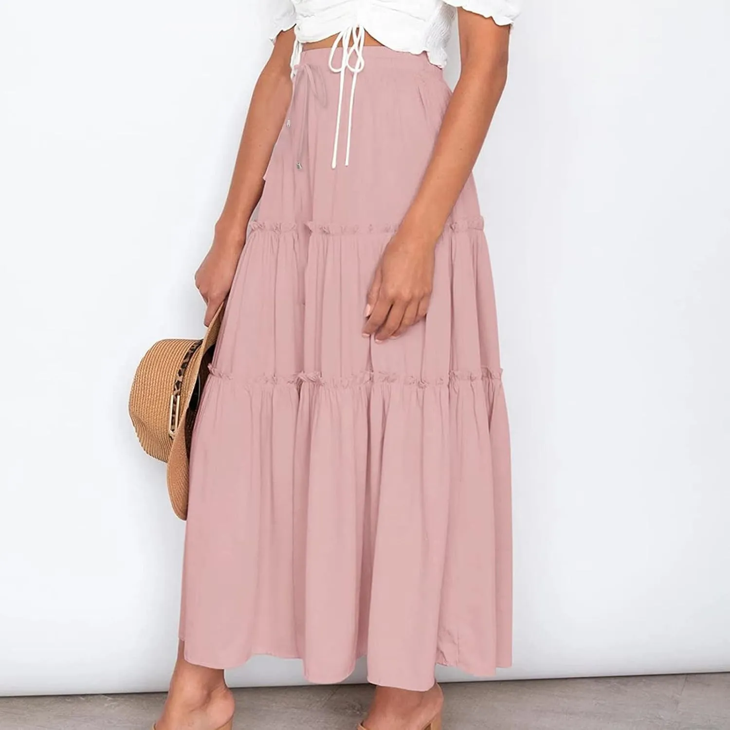 Women's Pleated Midi Skirts 2024 Casual Beach Boho Layered Flowy High Waist A-Line Ruched Swing Long Maxi Skirts