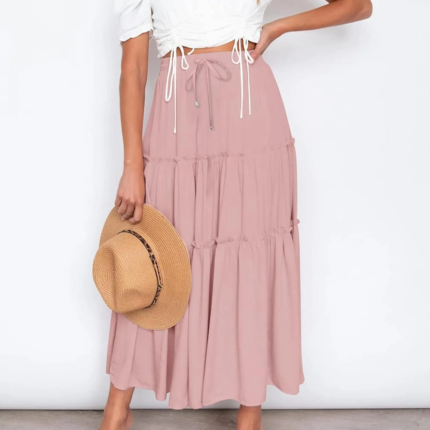 Women's Pleated Midi Skirts 2024 Casual Beach Boho Layered Flowy High Waist A-Line Ruched Swing Long Maxi Skirts