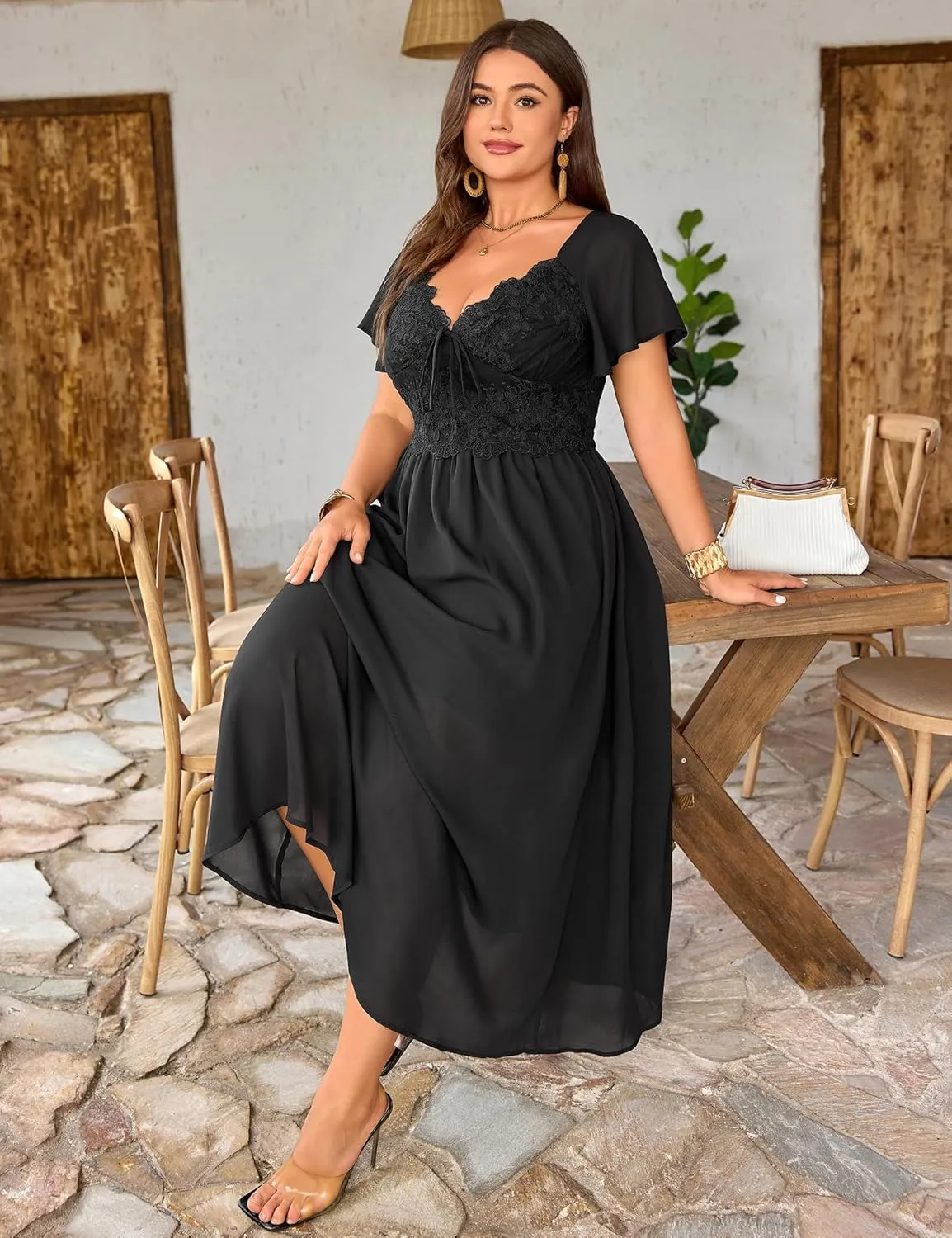 Women's Plus Size Lace Maxi Dress Short Sleeve V Neck Flowy Empire Waist Smocked Back Wedding Guest Dress