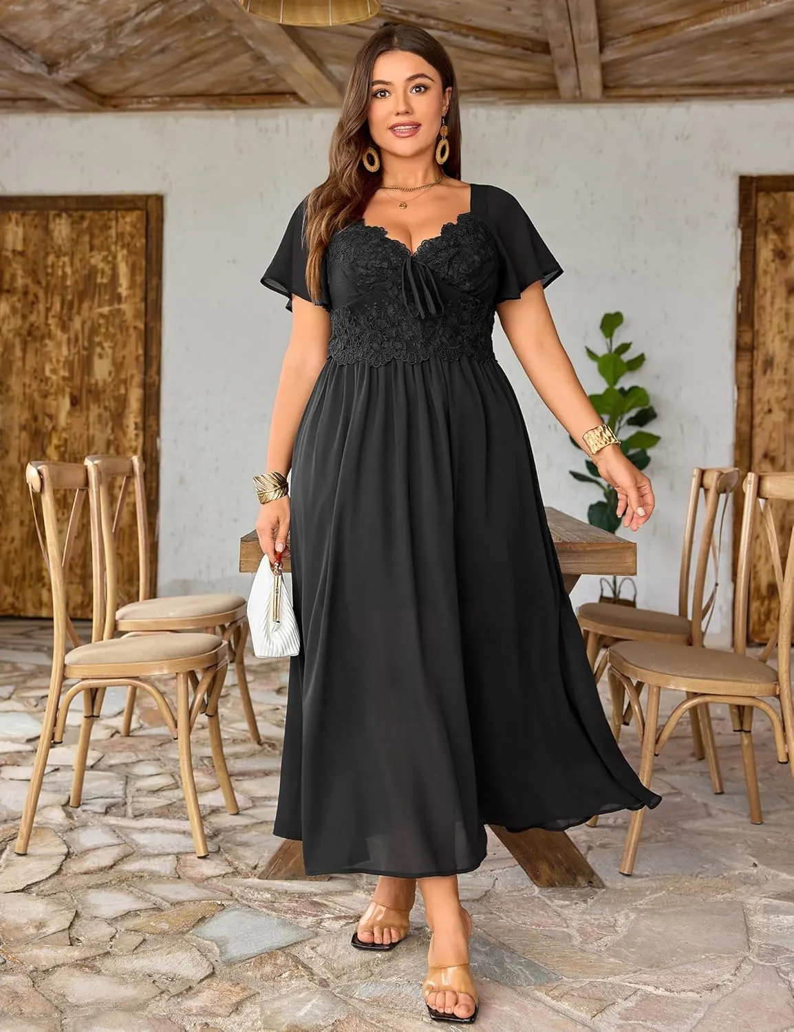 Women's Plus Size Lace Maxi Dress Short Sleeve V Neck Flowy Empire Waist Smocked Back Wedding Guest Dress