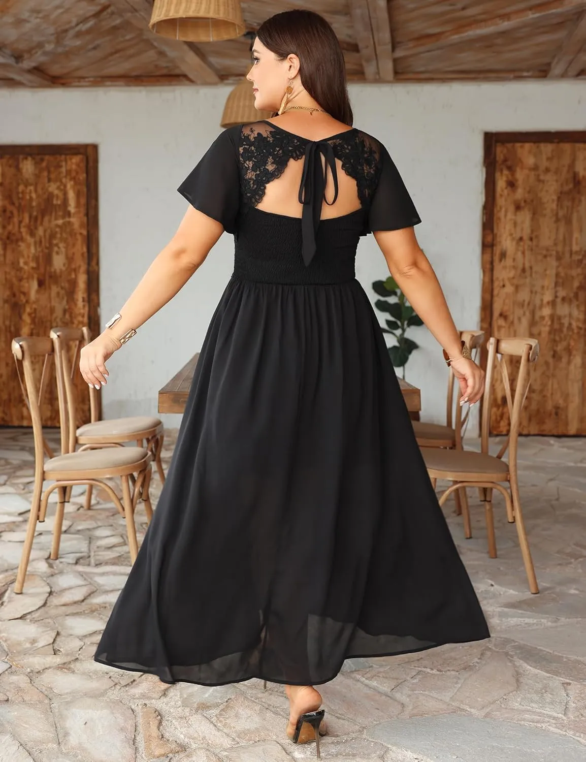 Women's Plus Size Lace Maxi Dress Short Sleeve V Neck Flowy Empire Waist Smocked Back Wedding Guest Dress