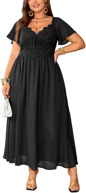 Women's Plus Size Lace Maxi Dress Short Sleeve V Neck Flowy Empire Waist Smocked Back Wedding Guest Dress
