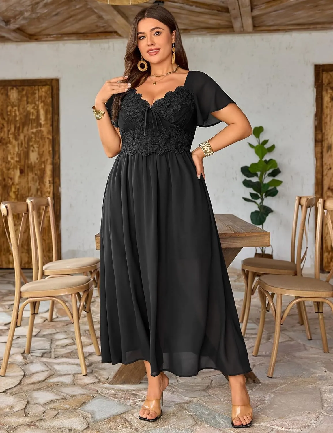 Women's Plus Size Lace Maxi Dress Short Sleeve V Neck Flowy Empire Waist Smocked Back Wedding Guest Dress