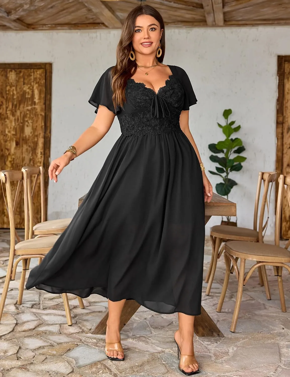 Women's Plus Size Lace Maxi Dress Short Sleeve V Neck Flowy Empire Waist Smocked Back Wedding Guest Dress