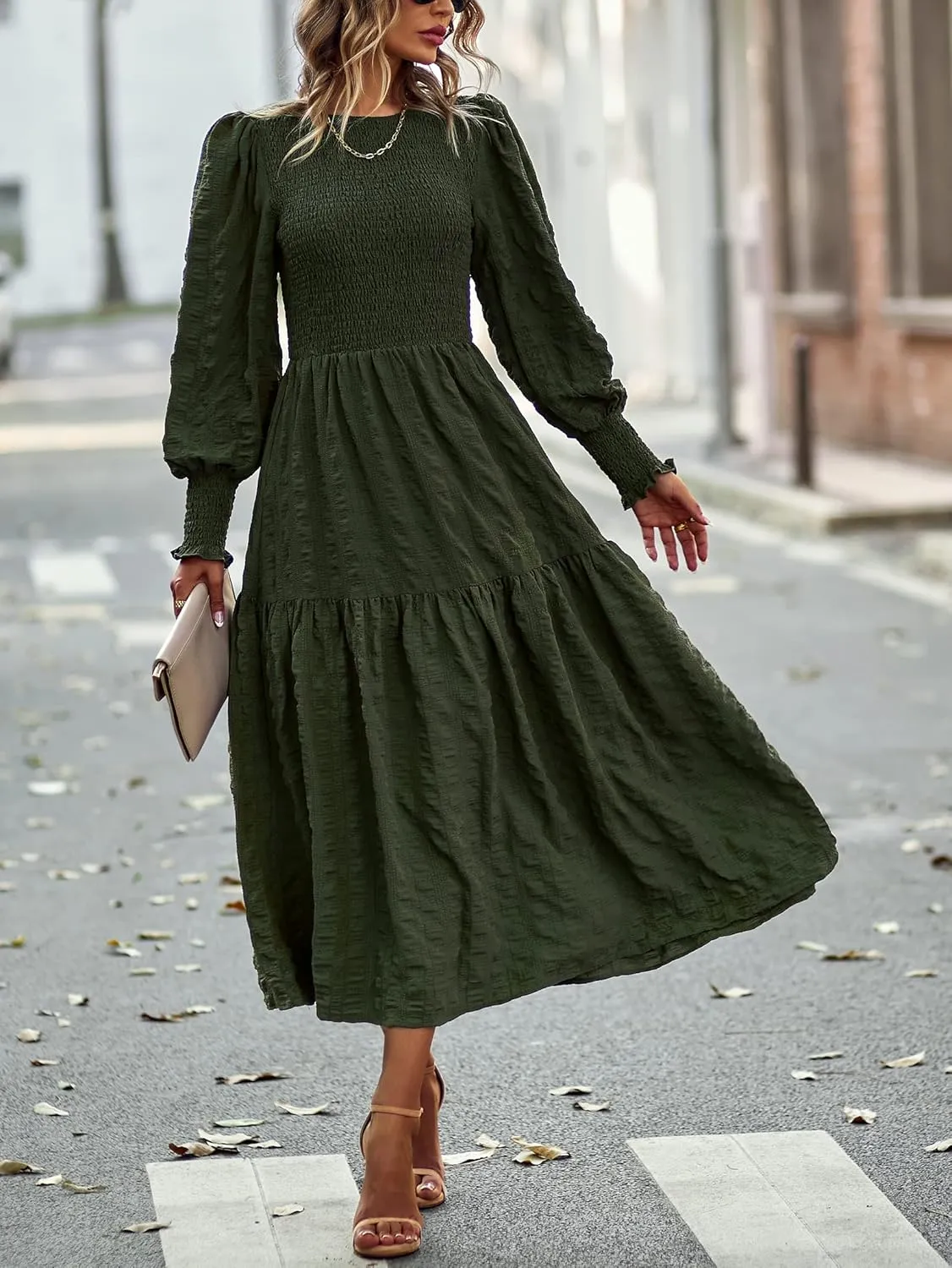 Women's Round Neck Long Sleeve Dress Solid Color Slit Ruffles Club Party Evening Dress
