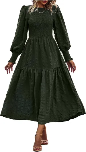 Women's Round Neck Long Sleeve Dress Solid Color Slit Ruffles Club Party Evening Dress
