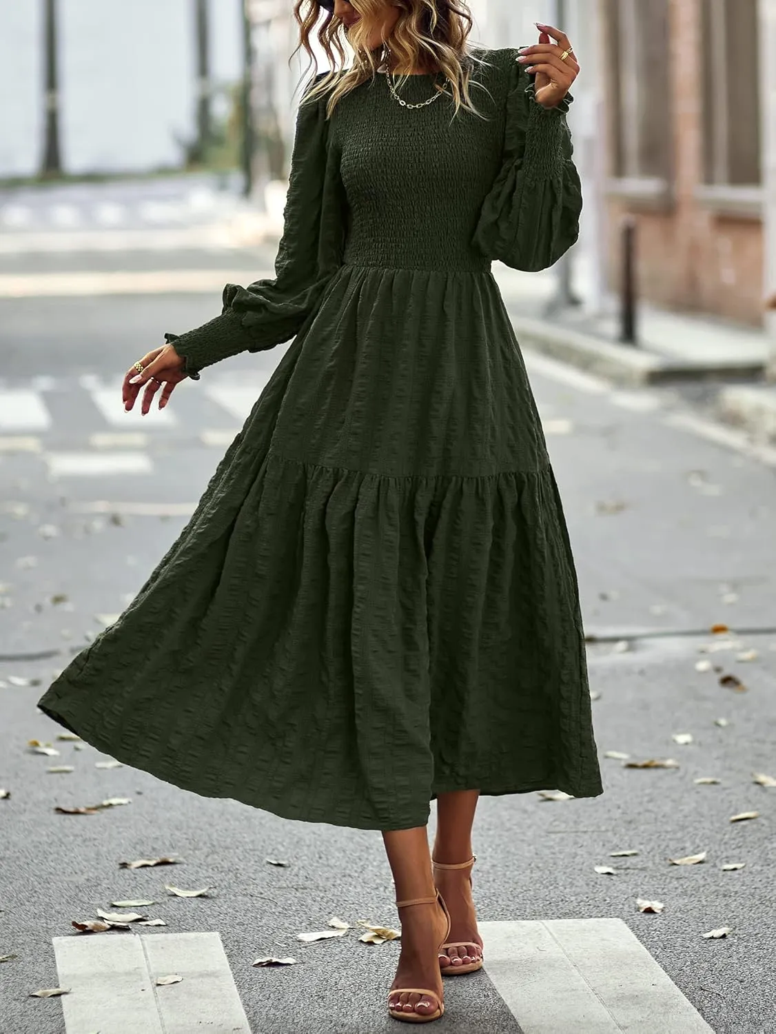 Women's Round Neck Long Sleeve Dress Solid Color Slit Ruffles Club Party Evening Dress